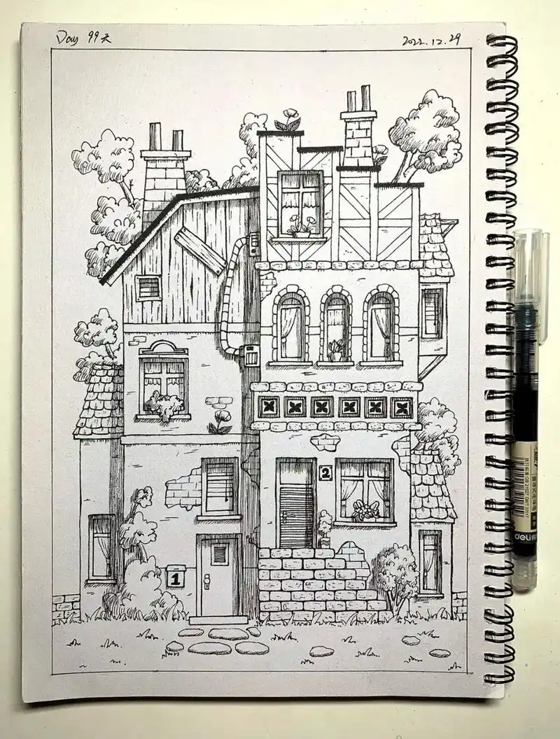 建筑|线描小房子系列.#画画 #手绘 #线描 #建筑手绘 # - 抖音