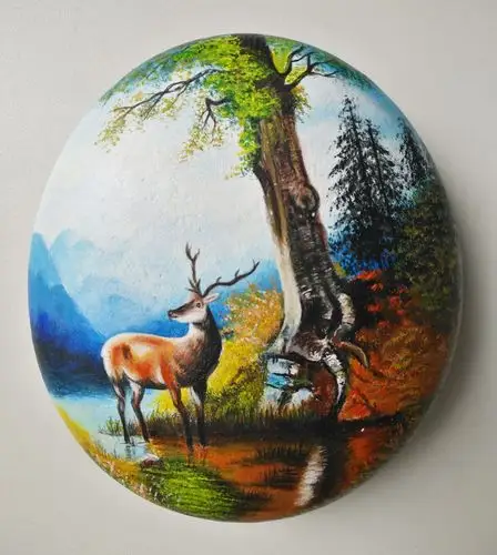 石头画一鹿平安