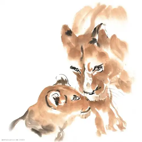 舔犊情深的狮子水墨画png免抠素材