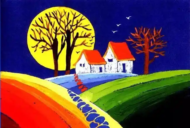 乡村的夜晚风景水粉画,图片,儿童画教程-学笔画