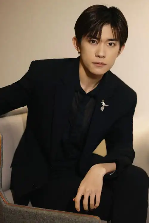 易烊千玺活动造型图集,黑色西装内里搭件透纱衬衫,一枚经典"石上鸟"