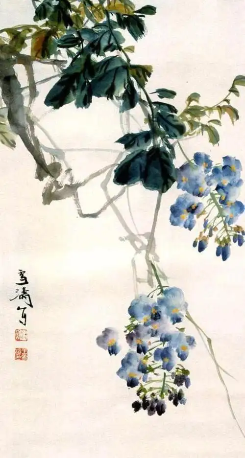 王雪涛先生画的紫藤,牡丹,八哥