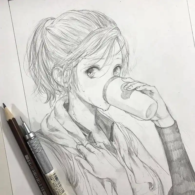 手绘人物线稿,表情灵动传神的动漫女孩