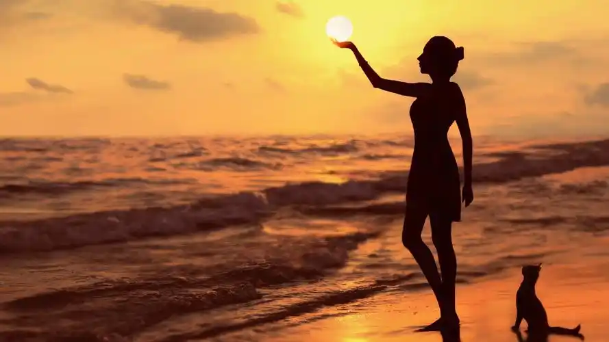 海边日落海浪女孩剪影小猫唯美桌面壁纸壁纸