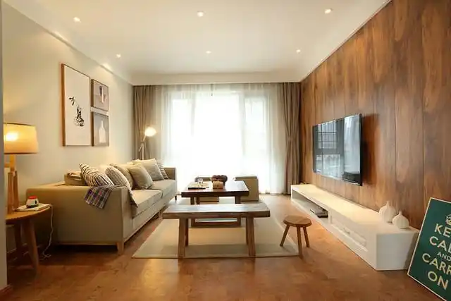 宜家客厅简约原木电视背景墙设计装修图