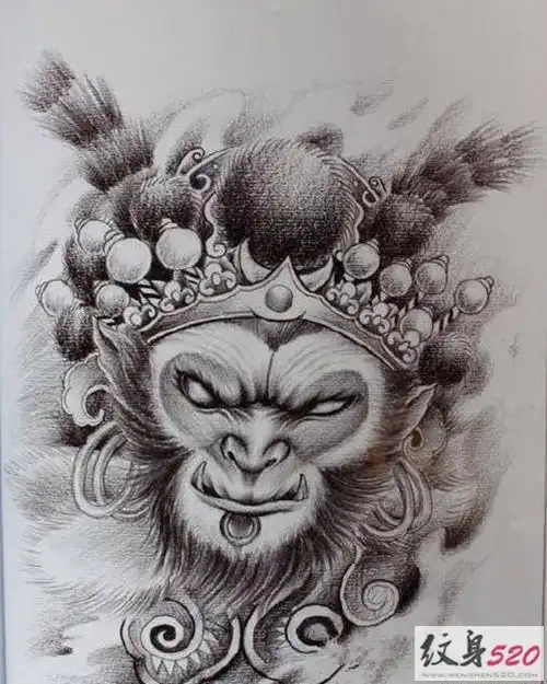 齐天大圣孙悟空黑白纹身手稿