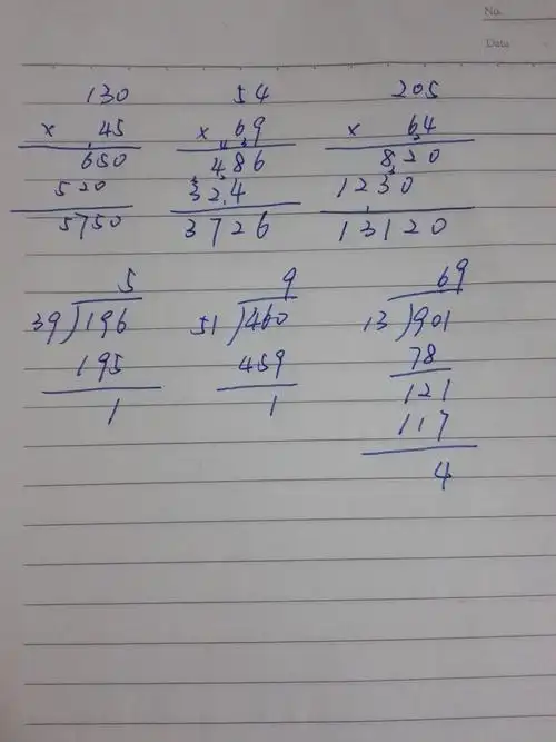 列竖式计算130×45= 54×69= 205×64= 196÷39= 460÷51= 901÷13