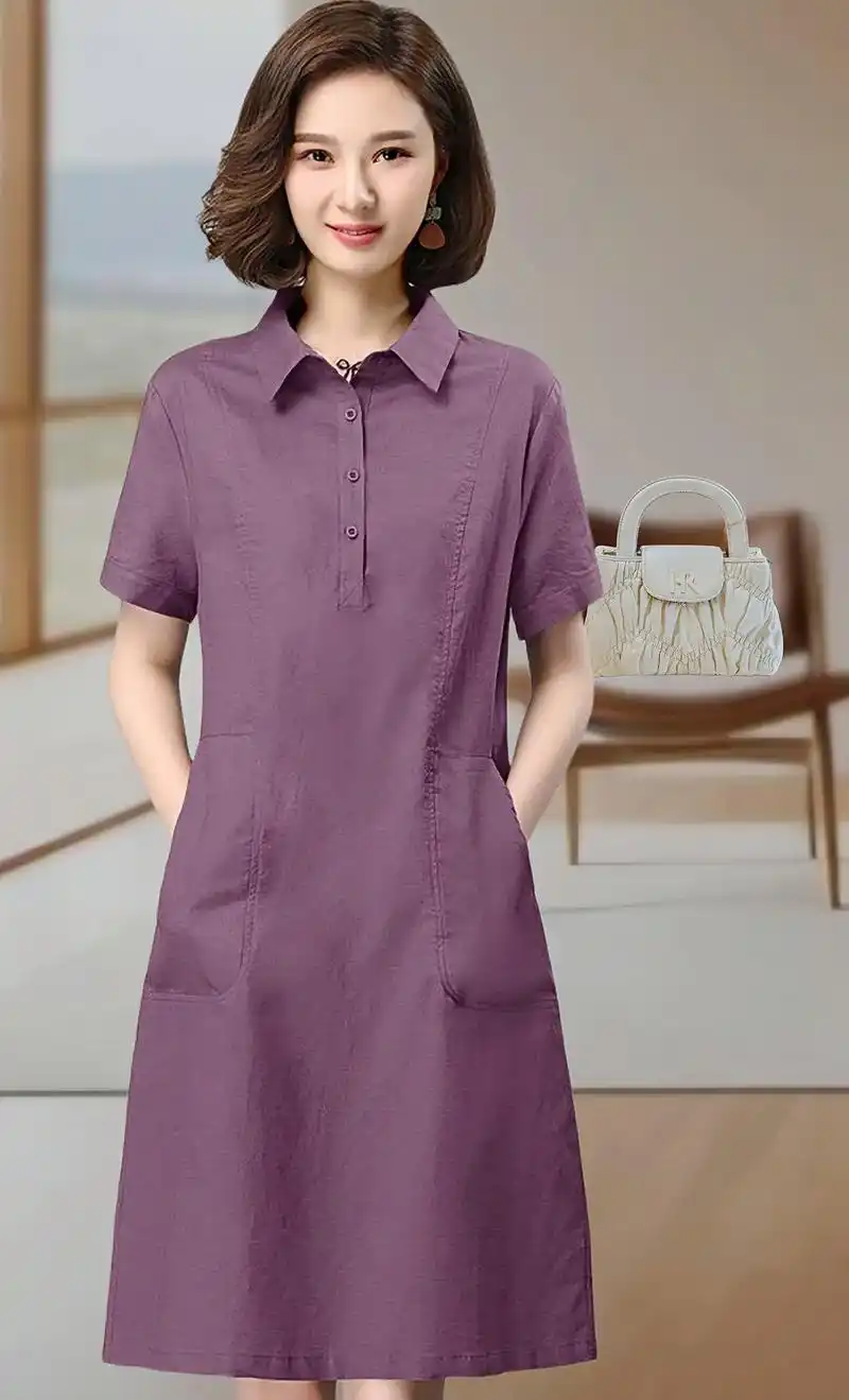 新款高端阔太太妈妈气质休闲宽松棉麻连衣裙