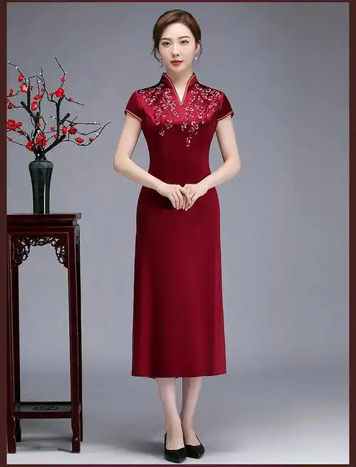 高端轻奢无开叉妈妈装婚宴绣花旗袍裙丈母娘喜婆婆喜宴婚礼连衣裙改良