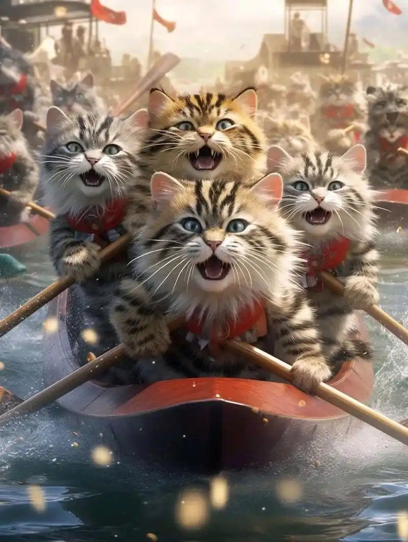 猫咪龙舟大赛第二轮,猜猜哪一队会赢?