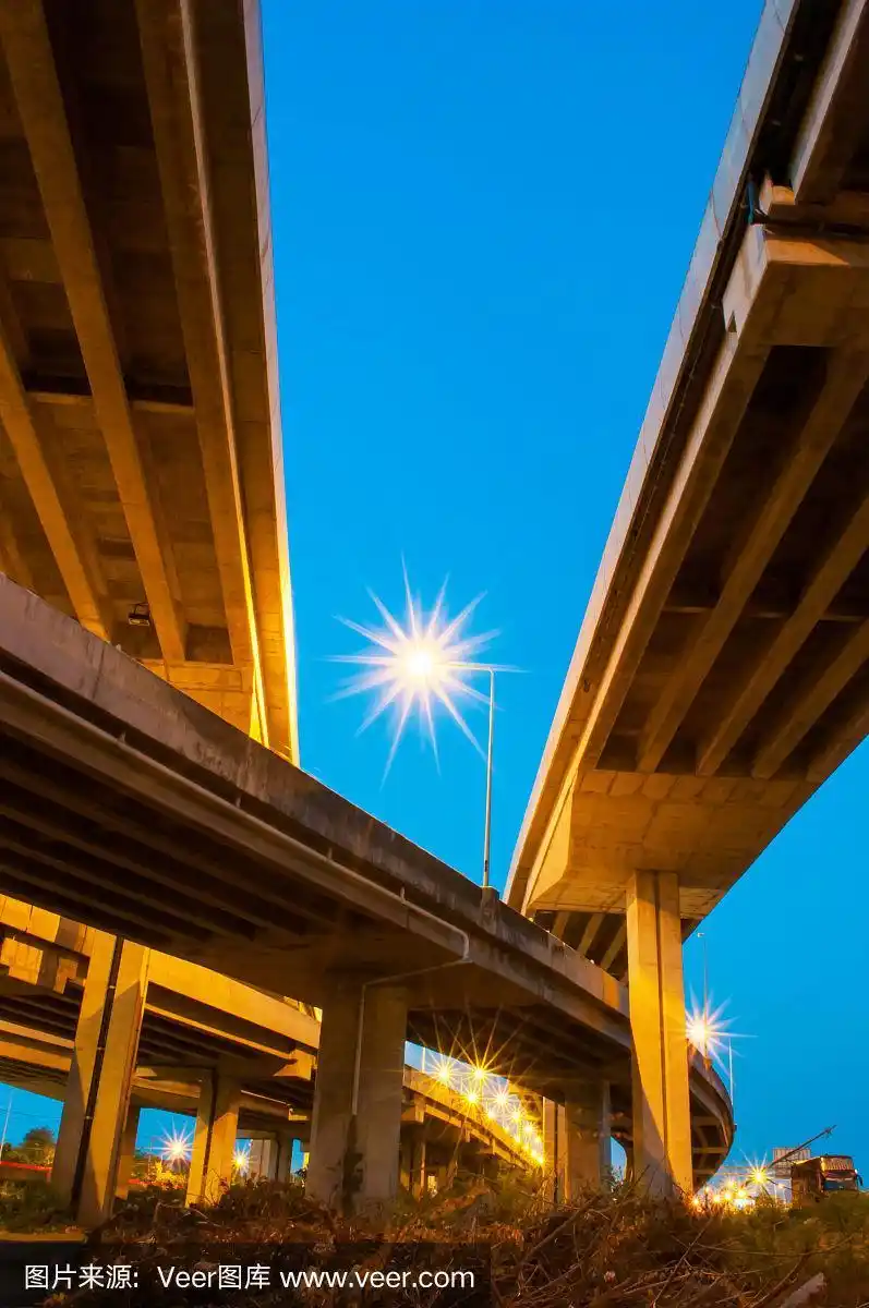 高架高速公路下的景色与傍晚的天空背景.