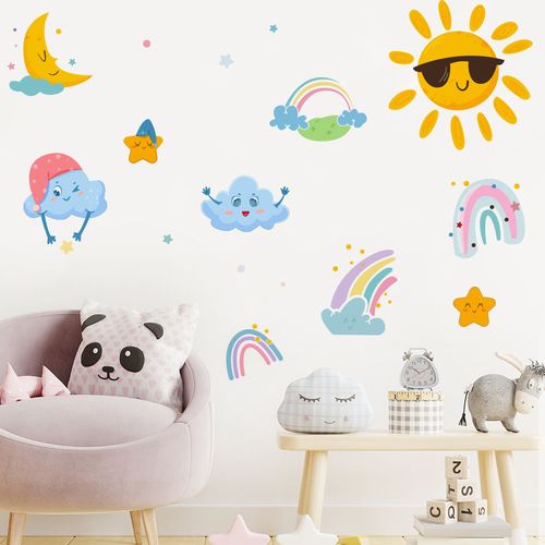 卡通墙贴纸太阳彩虹云朵星星月亮儿童房幼儿园墙面布置装饰贴纸