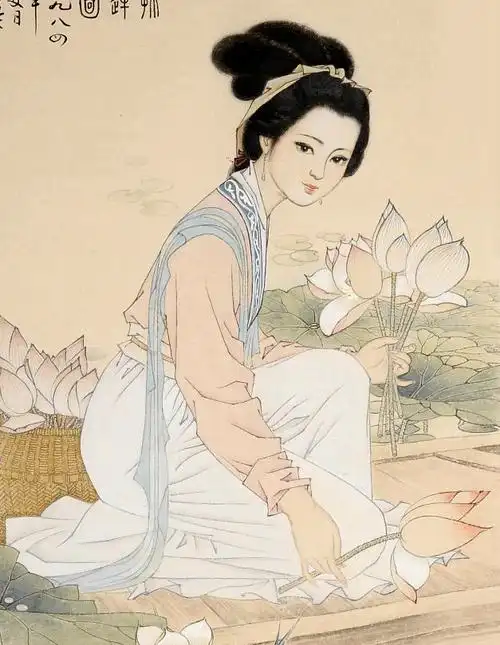 纪映欣工笔仕女画《采莲图》(1984年工笔教学范画)