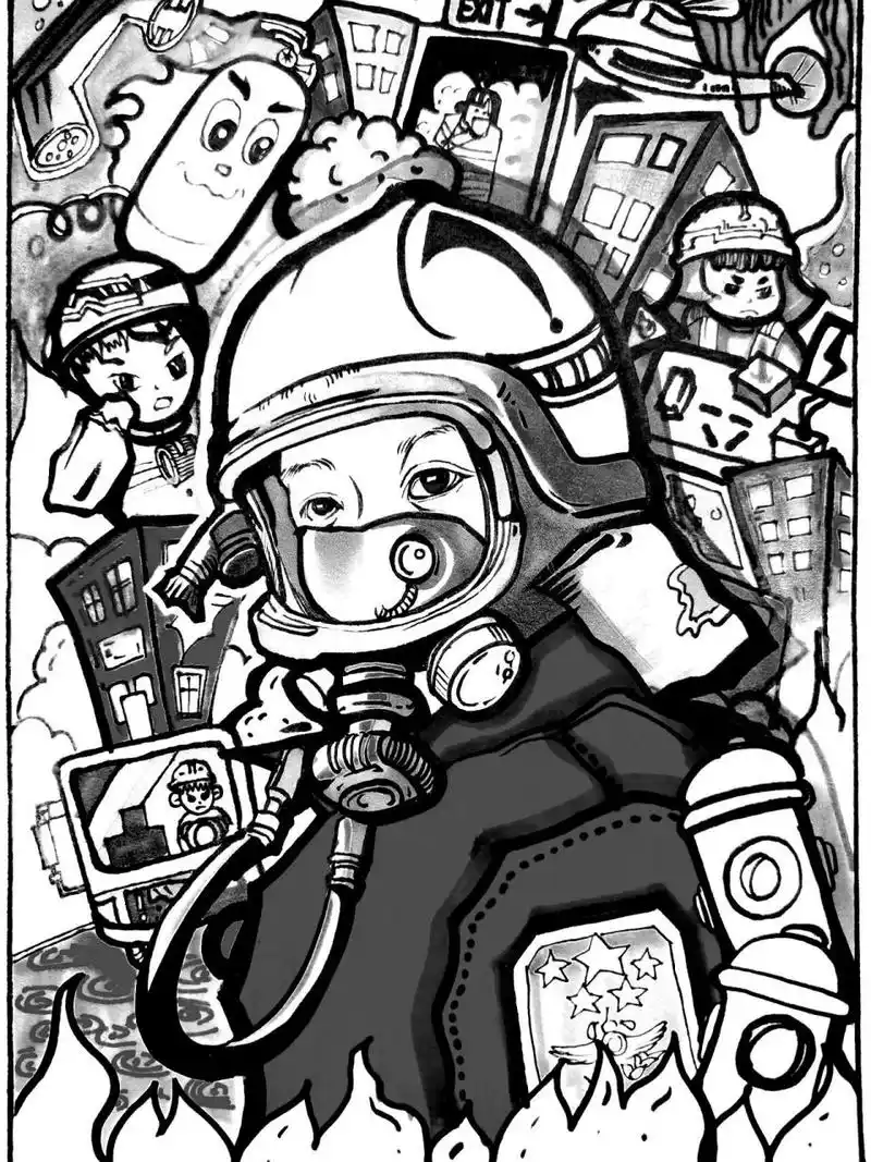 消防漫画/消防宣传画/火焰蓝/(临摹) 百年党旗红,平安火焰蓝