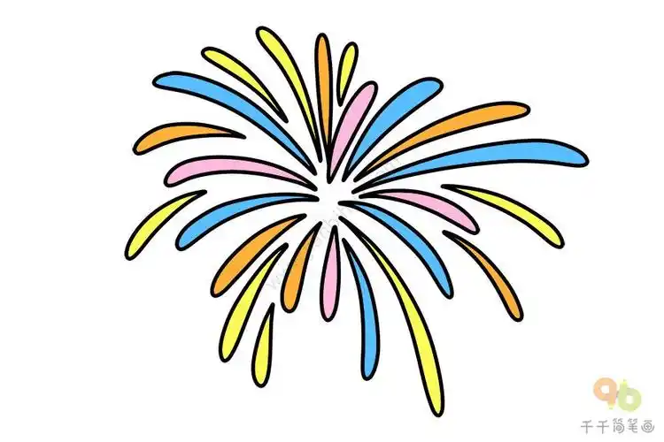 烟花简笔画简单又漂亮,绽放的烟花简笔画 2接着在中心点的周围画上