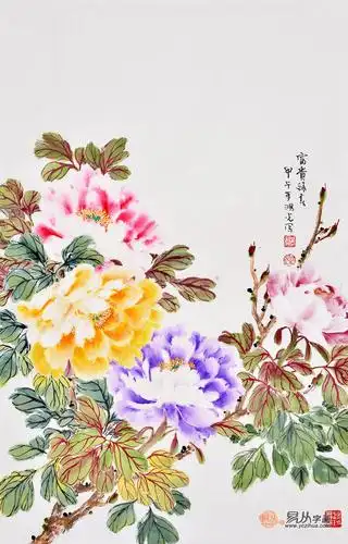 郑鸿光四尺三开竖幅花鸟画牡丹图《富贵醉春》