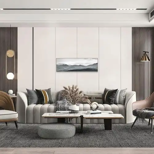 现代轻奢硬包背景墙纯色格栅木饰面客厅电视沙发影视墙定制床头