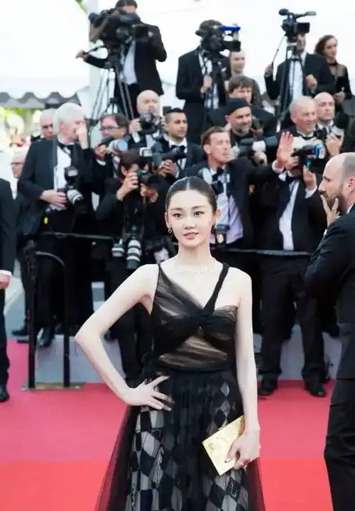 郑恺老婆真是美到国外了穿棋盘格纱裙走红毯真给国人长脸