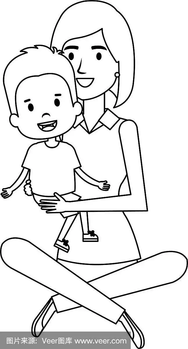 母亲抱着儿子坐在地板上