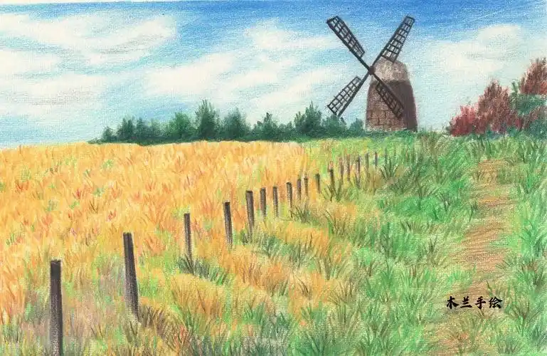 彩铅风景07—风吹麦浪