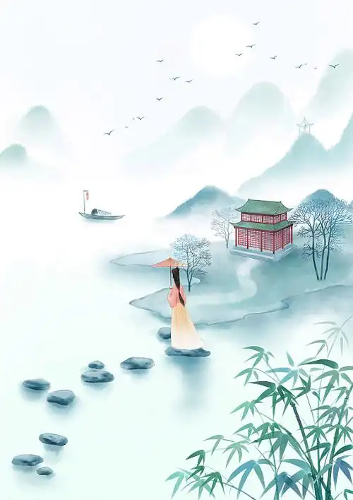 手绘中国风小清新水彩风格山水风景插画