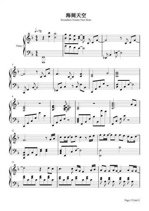 海阔天空钢琴谱beyondf调流行钢琴五线谱