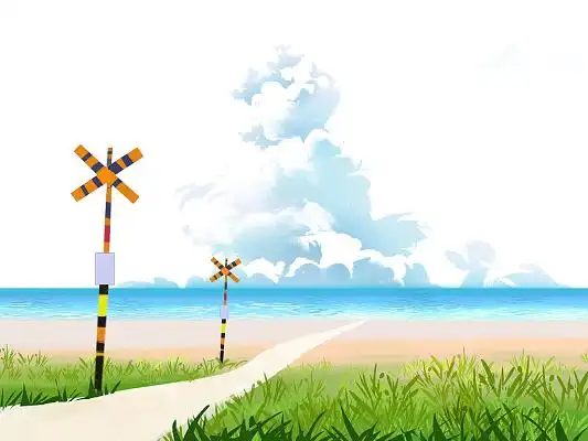 彩色手绘卡通海滩沙滩海洋云层云朵夏天风景元素png素材