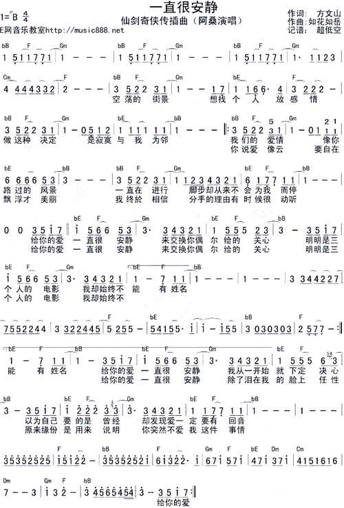 一直很安静 仙剑奇侠传 插曲 吉他谱 和弦谱,简谱,五线谱