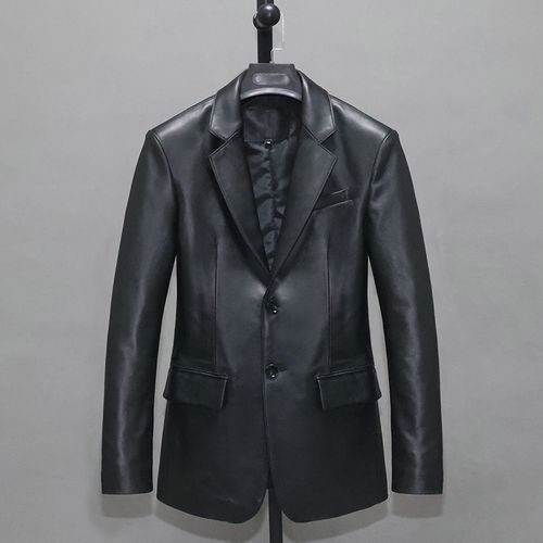 男士西服头层绵羊皮真皮皮衣男修身青年休闲职业单开叉西装外套柏