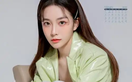 2021年2月文艺美女浅绿色外套时尚写真日历,月历壁纸-回车桌面