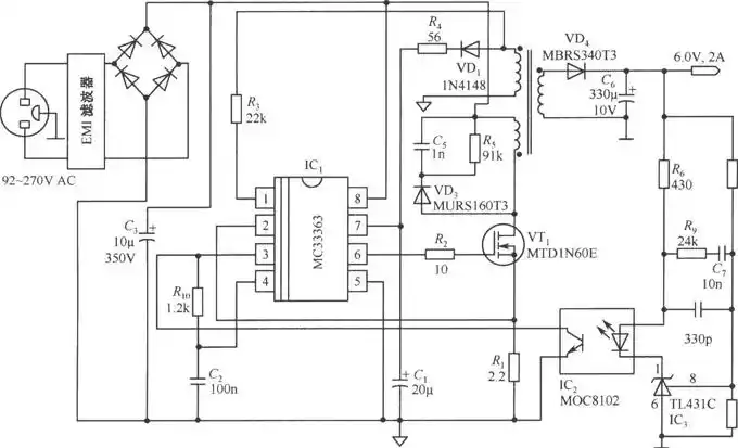 由mc33363构成的6v/2a隔离式开关稳压电源电路