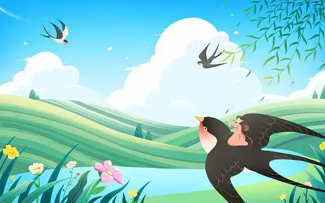 卡通春天燕子可爱柳树立春场景插画卡通春天燕子插画