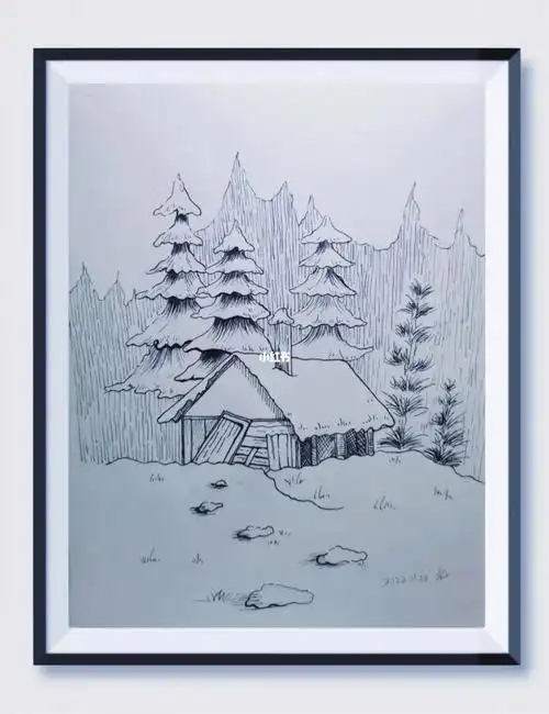 雪景中的小屋72100手绘雪景黑白线条简笔