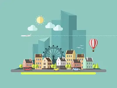 扁平化摩天轮建筑城市素材(4324x3243)aipng大气卡通扁平城市剪影背景