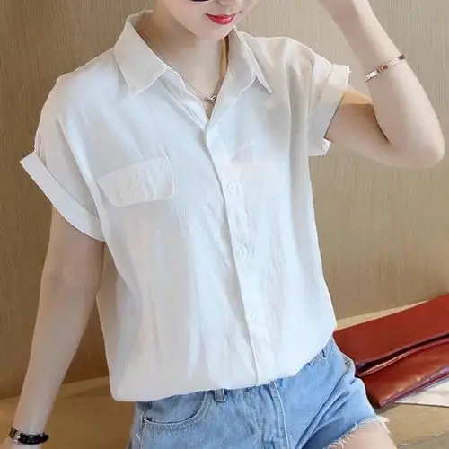 夏装韩版棉麻白衬衫女显瘦百搭翻领亚麻衬衣短袖女装宽松上衣优惠券