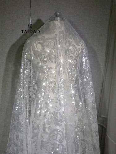 银色亮片闪亮轻透仙气面料e9婚纱礼服裙子服装新中式布料象牙白
