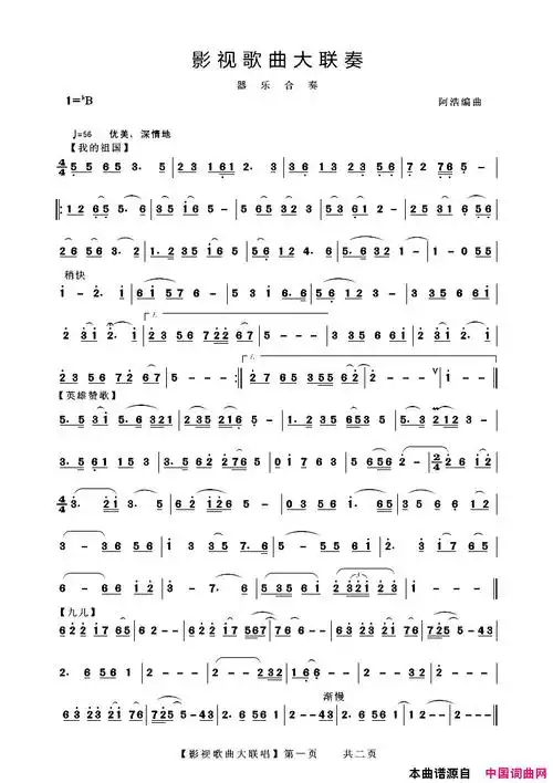 影视歌曲大联奏器乐合奏简谱