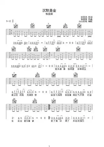 张国荣《沉默是金》c掉完美弹唱吉他谱c调六线吉他谱-虫虫吉他谱免费