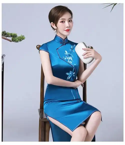 【手推绣】中长款宝蓝色改良版手工绣花旗袍日常新式国风真丝旗袍