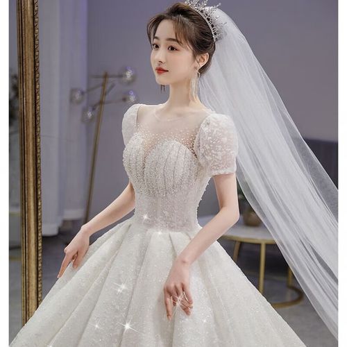 舒凯乐婚纱主纱轻奢清新亮片重工小个子女生超美拖尾婚纱中国风森系超