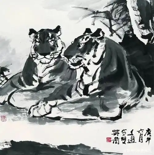 真正的画虎专家有一位,著名国画家汤文选老先生,他的水墨老虎与众不同