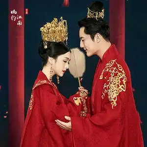 婉约江南古装主题影楼摄影写真服装红色结婚喜服情侣汉服喜成连理