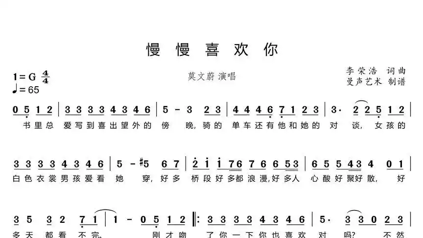 《慢慢喜欢你》数字简谱歌谱,跟唱不跑调