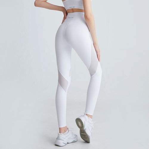 新款高腰提臀瑜伽裤女白色弹力紧身网纱拼接健身裤