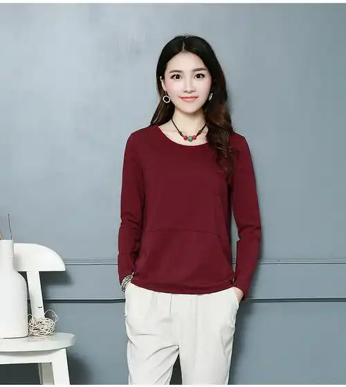 阿桑纳拉2017秋装新款女装纯色简约文艺上衣宽松休闲大码长袖t恤.