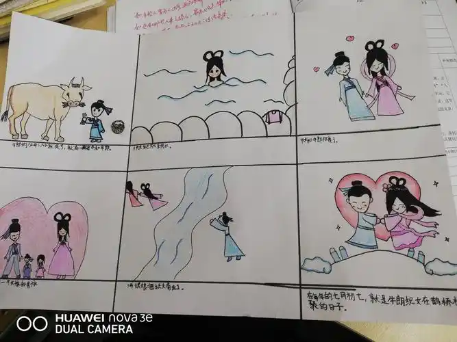 学了民间故事《牛郎织女》后,同学们意犹未尽地创作了连环画,做得还真