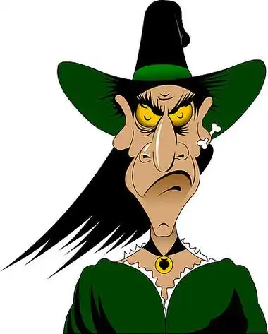 戴着高帽子和绿色连衣裙的可怕老女巫,矢量和插图