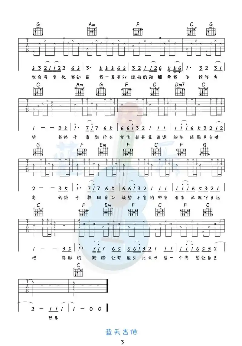 【隐形的翅膀】吉他谱 张韶涵#吉他谱 #乐谱 - 抖音