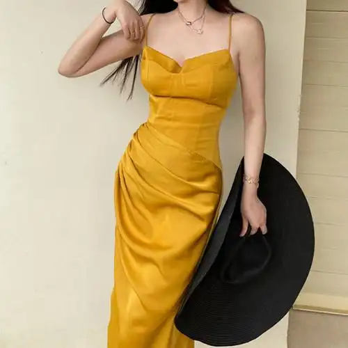 夏日缪斯胸大腰细黄色收腰抹胸露背吊带裙长裙连衣裙女夏新款时尚洋气