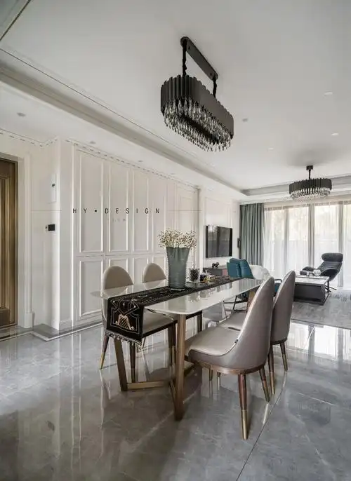 140平三居美式轻奢混搭风格装修效果图客餐厅通铺灰色地砖